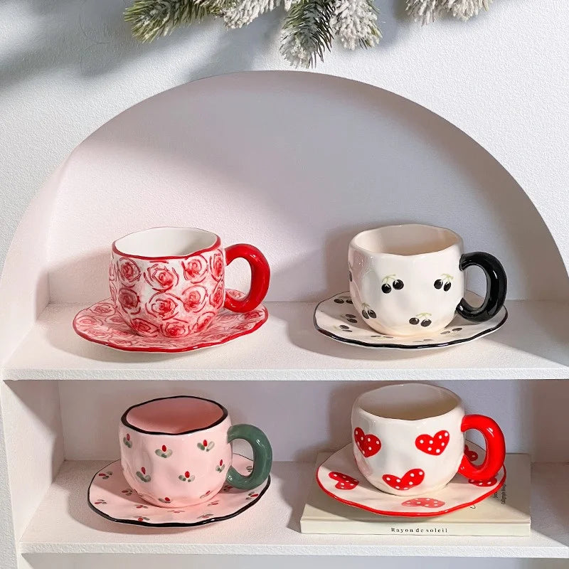 340ML Hand-painted Flower Love heart Ceramic Coffee Cup with Saucer Home Office Water Cup Breakfast Milk Juice Teacup Gift Set