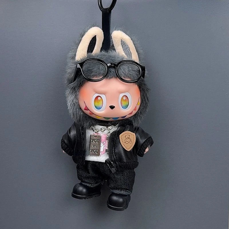 Labubu 1-3 Gen Doll Outfits High-Energy Themed Black Jacket Pants Necklace & Glasses SetChangeable Clothes for Labubu 3.0