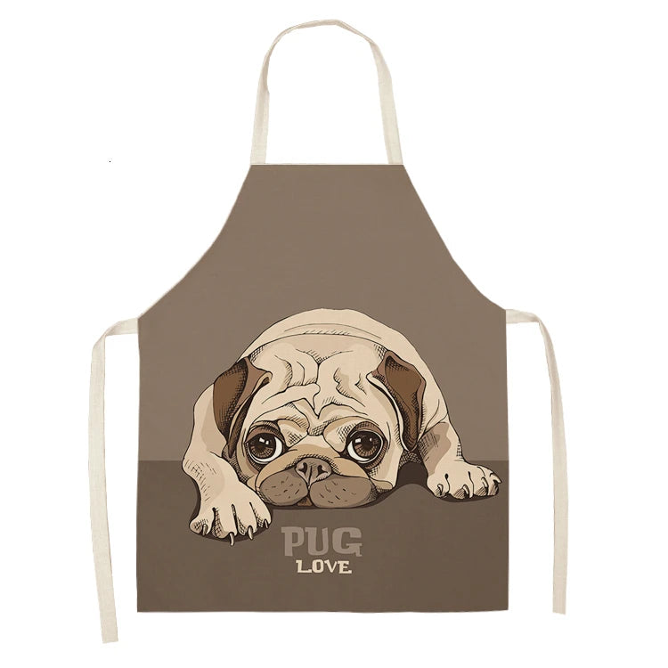 Cute Dog Pug Pattern Cotton Linen Sleeveless Chef Apron Kitchen Aprons Women Home Cooking Baking Waist Bib Pinafore 55x68cm