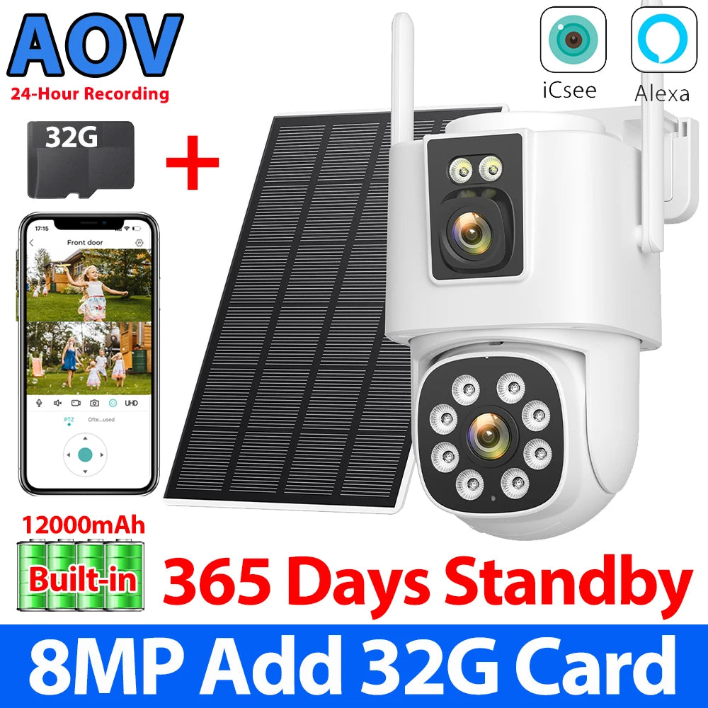 8MP 4K AOV Solar Camera Wifi 7/24 Recording Wireless Outdoor Surveillance Camera Dual Lens 365 Days Standby Home Security ICSEE