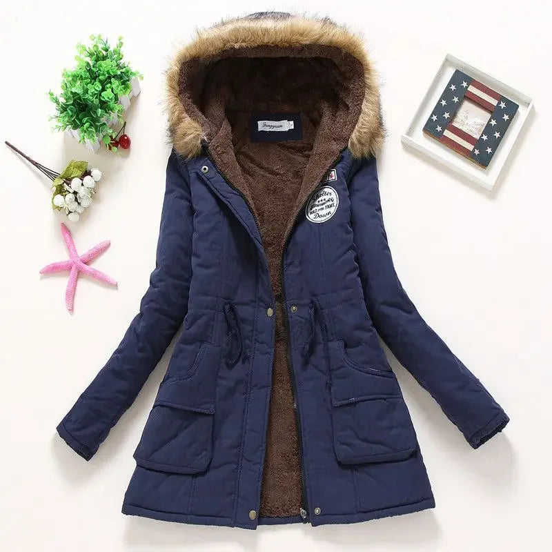 Korean Style Thickened Long Cotton Jacket Women's Winter Coat with Fleece Lining And Fur Collar Slim Fit plus Size Top