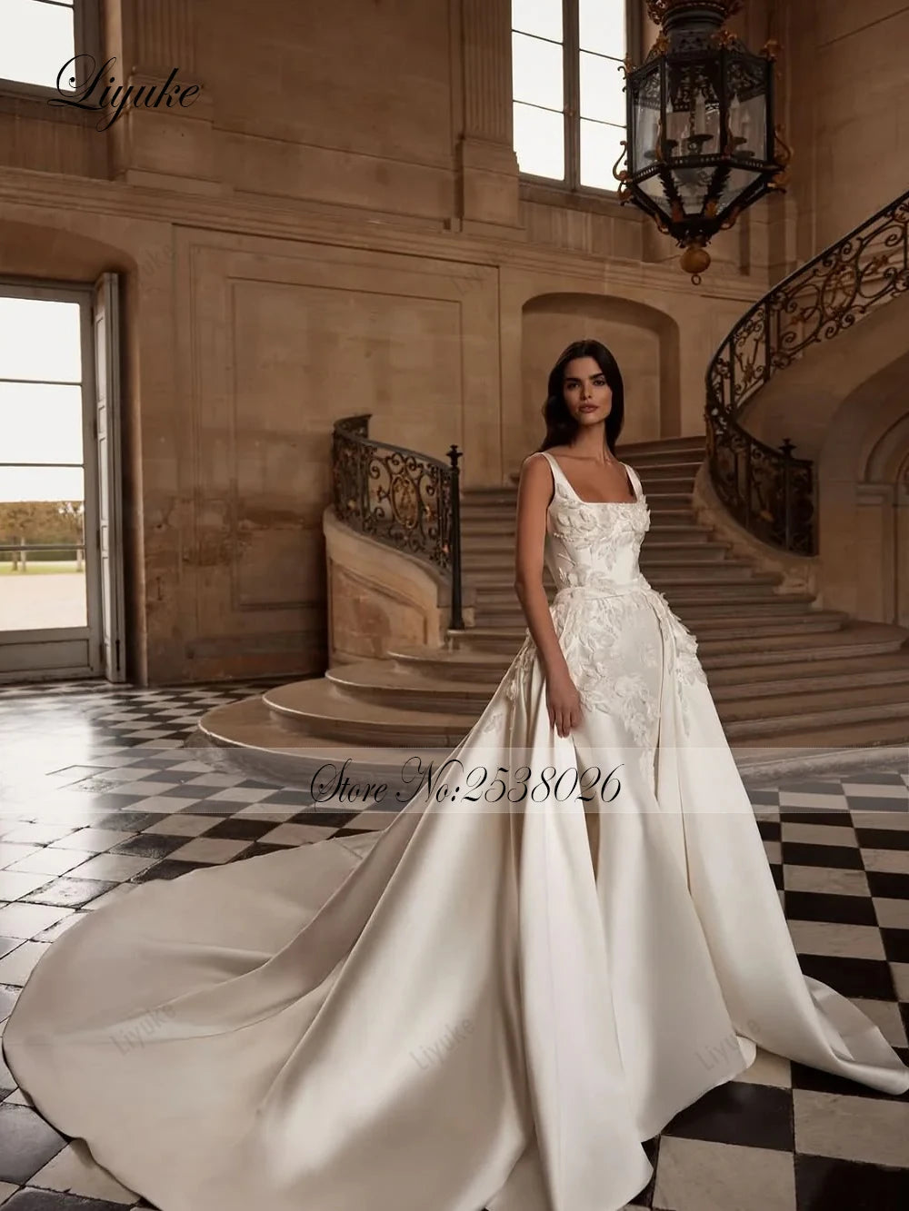 Liyuke Custom Made Beauty Embroidery Lace Square Collar 2 In 1 Mermaid Wedding Dresses With Removable Train Luxury Bridal Gowns