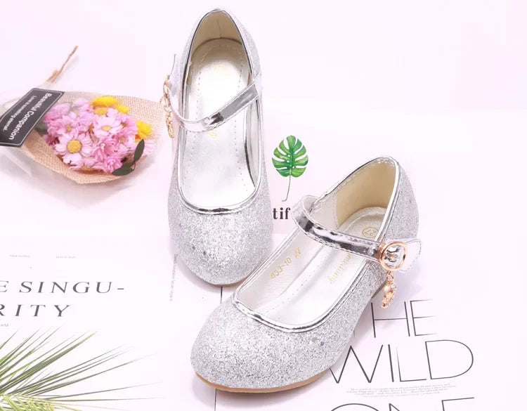Girls High Heels Children's Leather Shoes Small Children Princess Single Shoes Sequins Students Dance Performance Gift