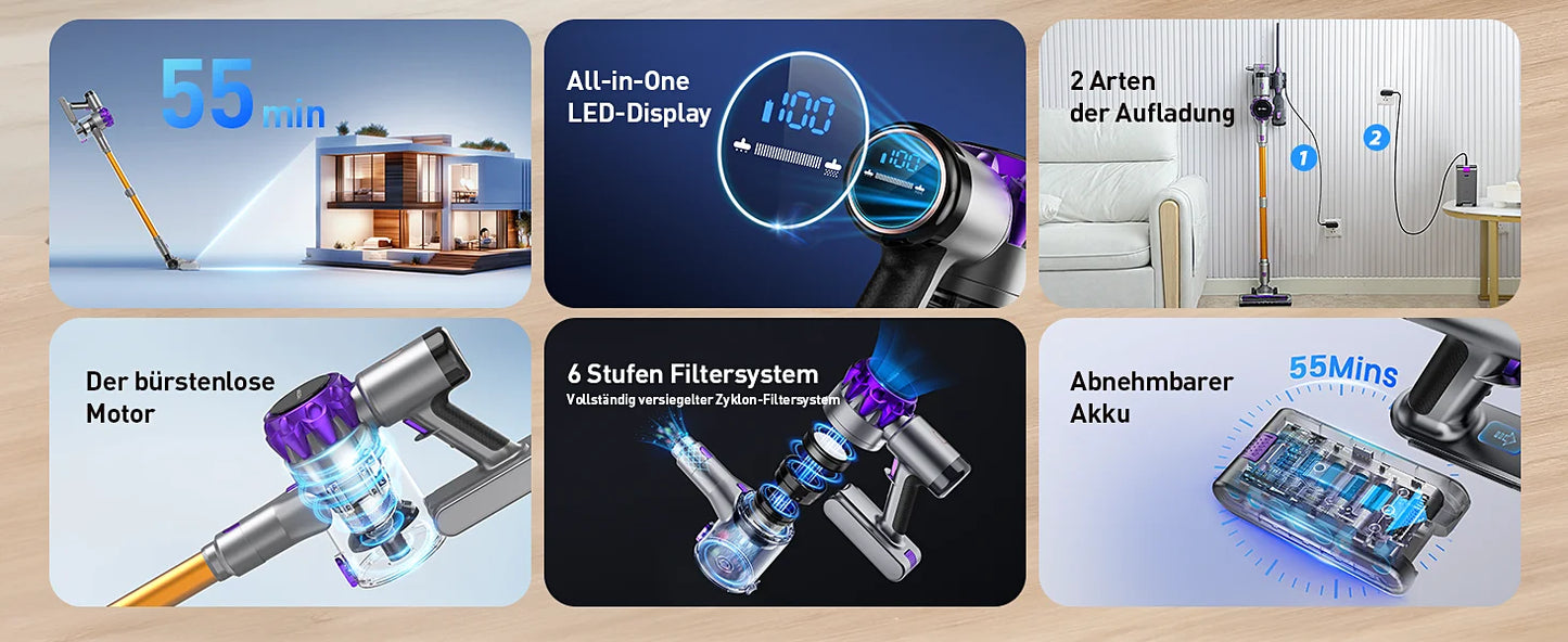 YISORA Cordless Vacuum Cleaner, 30Kpa 55Mins Running Time Wireless Vacuum Cleaner with Touchscreen for Pet Hair, Carpet