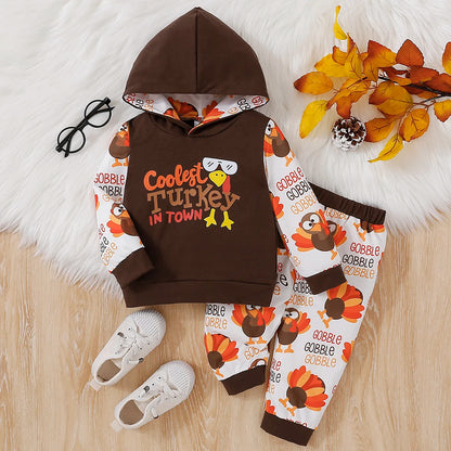 Unisex Baby Thanksgiving Letter Print Hoodie And Full Print Pants Two-Piece Set for Autumn Winter