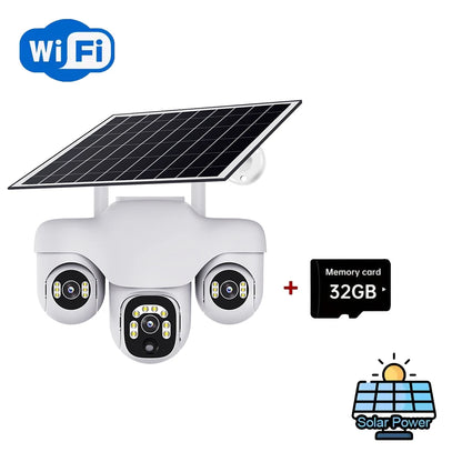 Three Lens Three Screens WIFI Solar Camera 15MP 10X Zoom CCTV Outdoor Automatic Tracking Humanoid Detection PTZ IP66 Cam V380
