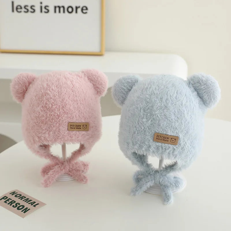 Baby Bear Ear Protection Hat Winter Plush Earmuffs Cap 1-3Year Boys Girls Toddler Warm Headgear Bonnet Solid Velvet Kids Beanies