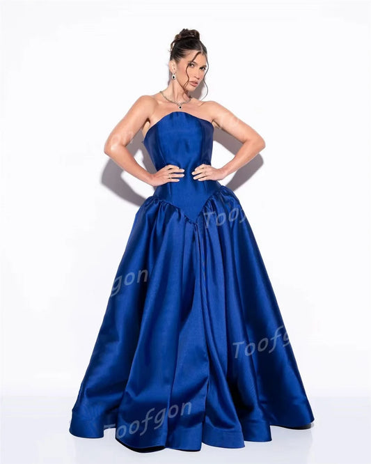 Toofgon Classical Royal Blue Satin Prom Dresses Long A Line Formal Dresses Women Drop Waist Corset Vestidos De Noite Customized