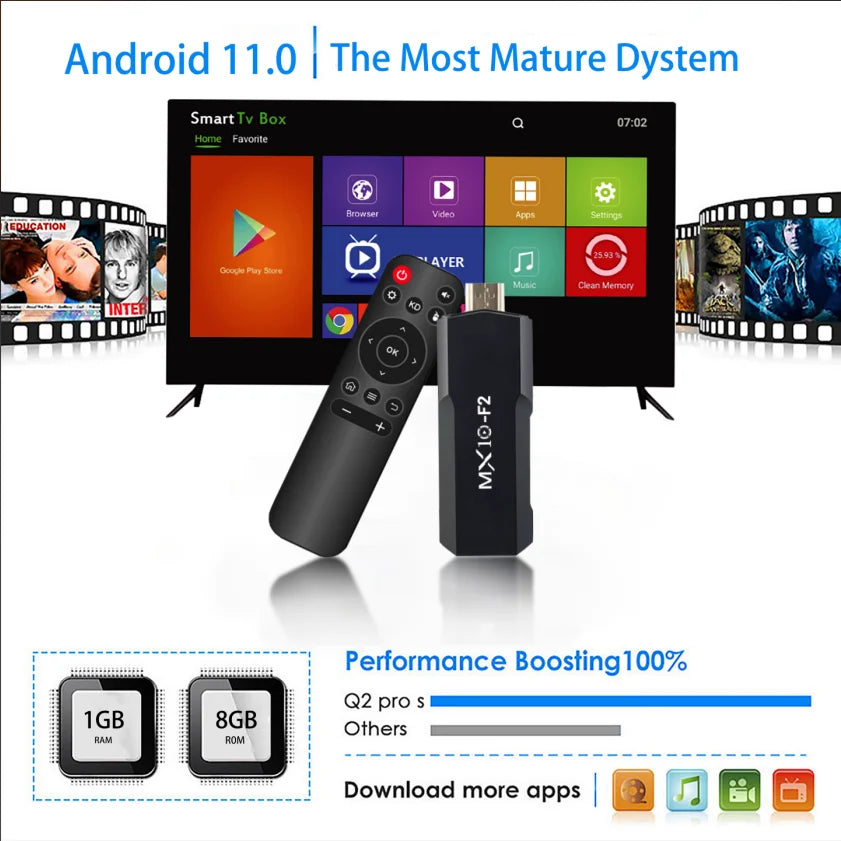 TV Sticks 1gb 8gb 1 unit Android 2024 stb mx10 F2 TV Box Android 4k eu Android TV Stick