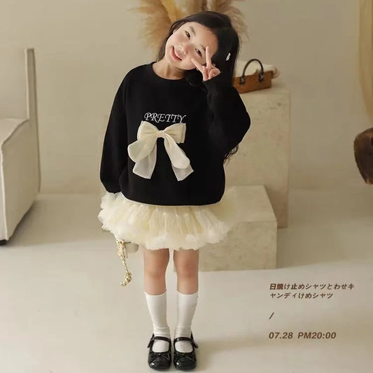 Girls' Bow Long Sleeve Round Neck T-Shirt - Sweet Casual Fall Winter Top for Toddler Kids Autumn Fashion