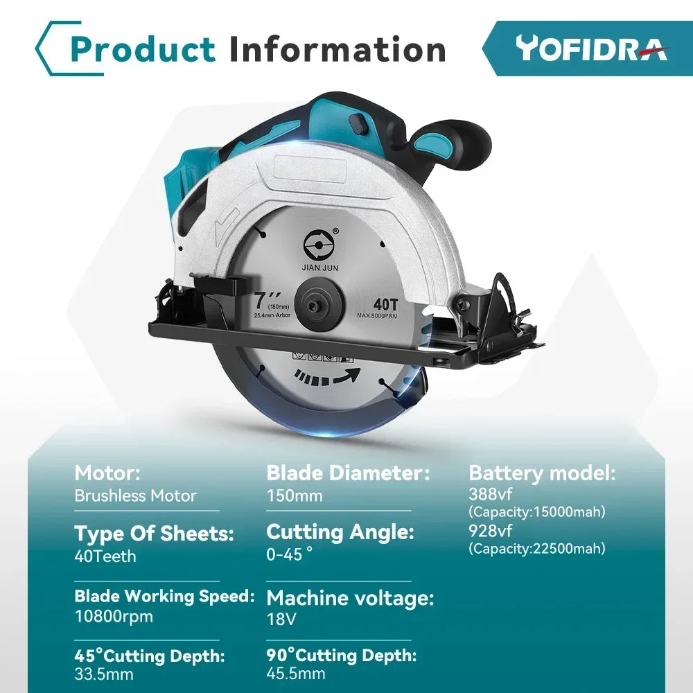 YOFIDRA 7Inch Brushless Electric Circular Saw 180mmCordless Adjustable Angle Cutting Power Tool Fit For Makita 18V Battery Pin
