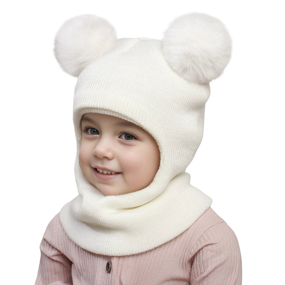Kids Yarn Knit Balaclava Cap Autumn Winter Pullover Ear Protection Double Ball One-piece Baby Christmas Gift Hat