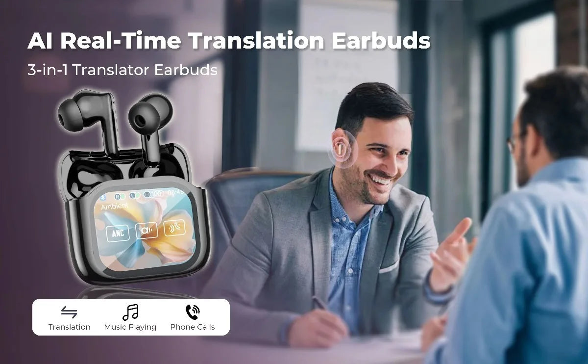 Real Time Translators Headphones with Smart Touch Screen 144 Language Translator Earbuds Noise Canceling Wireless Travel Headset
