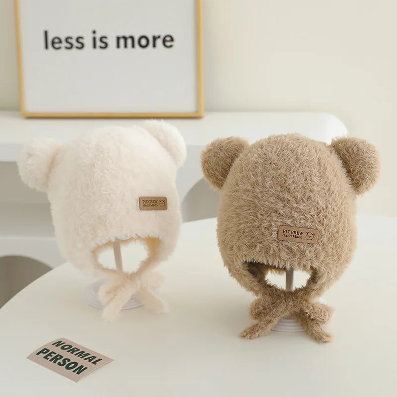 Baby Bear Ear Protection Hat Winter Plush Earmuffs Cap 1-3Year Boys Girls Toddler Warm Headgear Bonnet Solid Velvet Kids Beanies