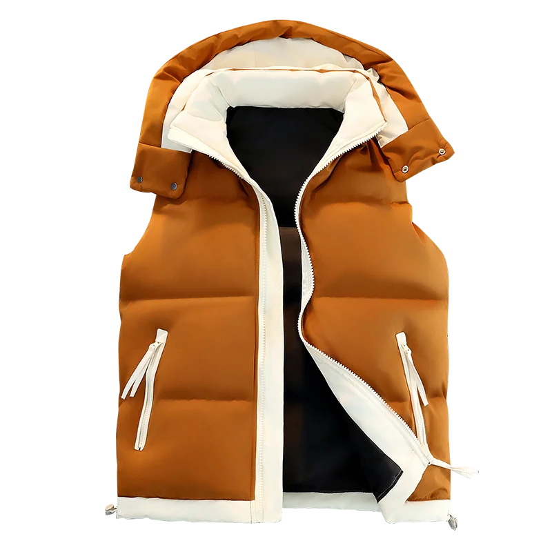 Men's Color-Block Puffer Vest with Removable Hood - Zip Closure & Flap Pockets, Water-Resistant Warm for Winter Casual Outfits