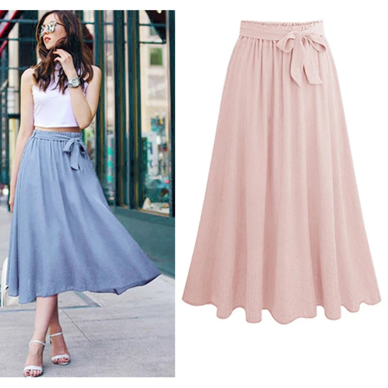 Bow Chiffon Skirts for Women Mid-Length High Waist A-line Large Swing Skirts Sweet Pink Monochromatic Summer New 8536
