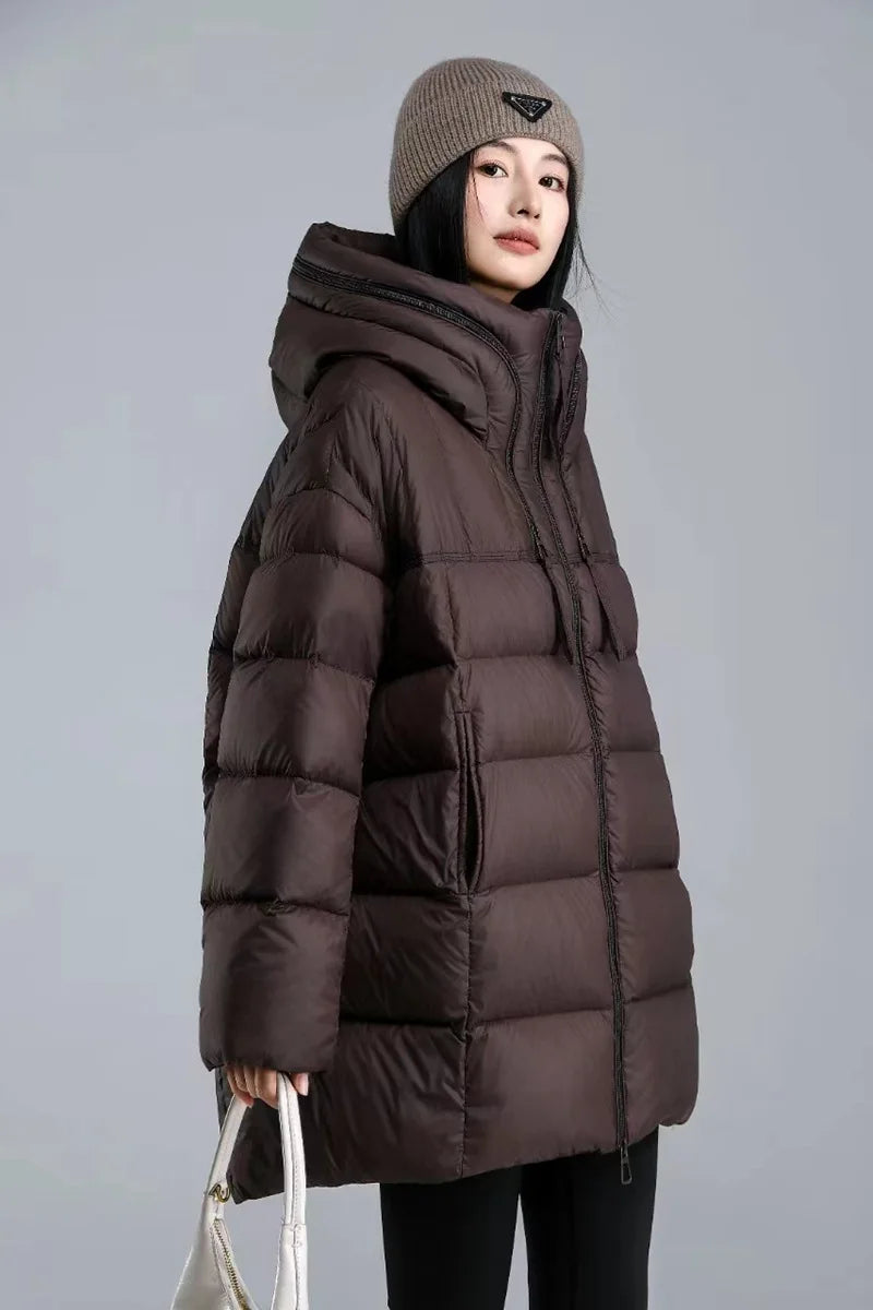 Winter Hooded Warm Mid Length Down Jacket Female Double Zipper Solid Parker Outwears Women 90% White Duck Down Loose Down Jacket