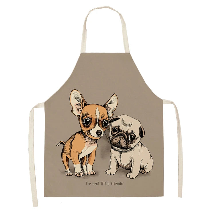 Cute Dog Pug Pattern Cotton Linen Sleeveless Chef Apron Kitchen Aprons Women Home Cooking Baking Waist Bib Pinafore 55x68cm