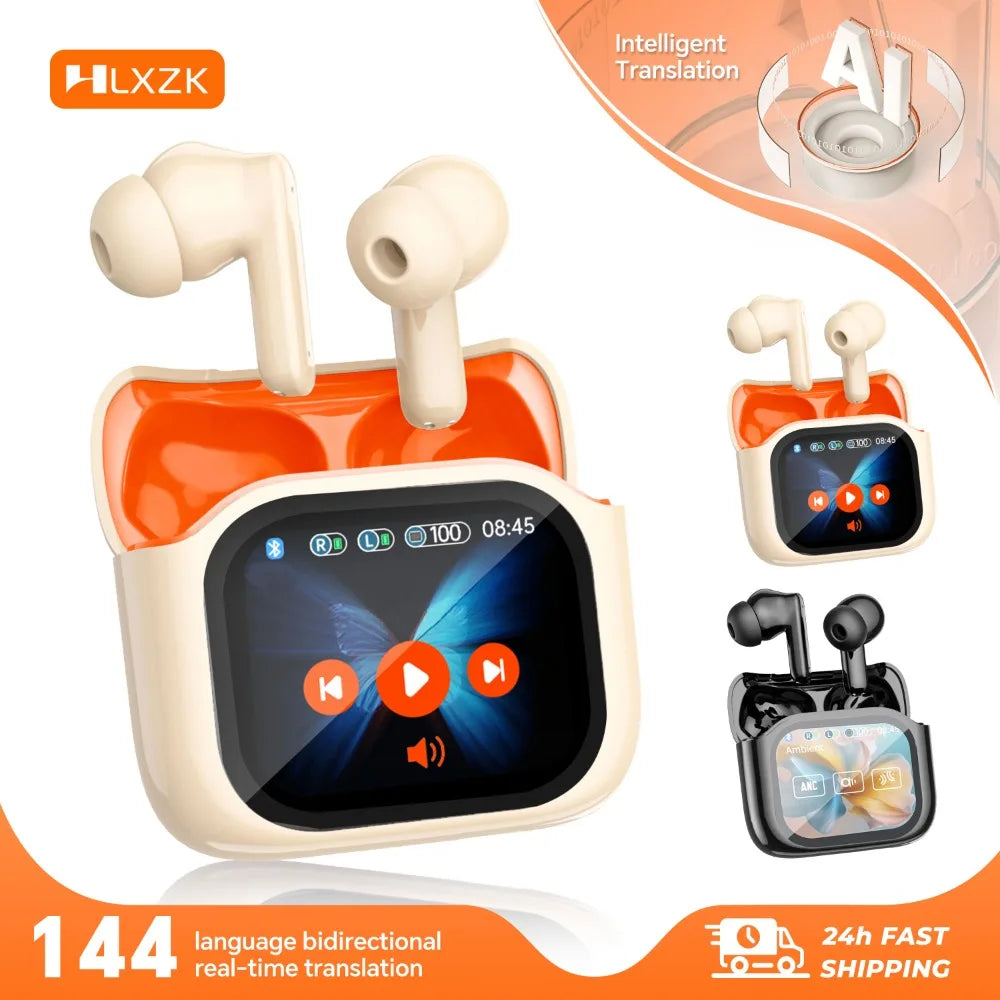 Real Time Translators Headphones with Smart Touch Screen 144 Language Translator Earbuds Noise Canceling Wireless Travel Headset