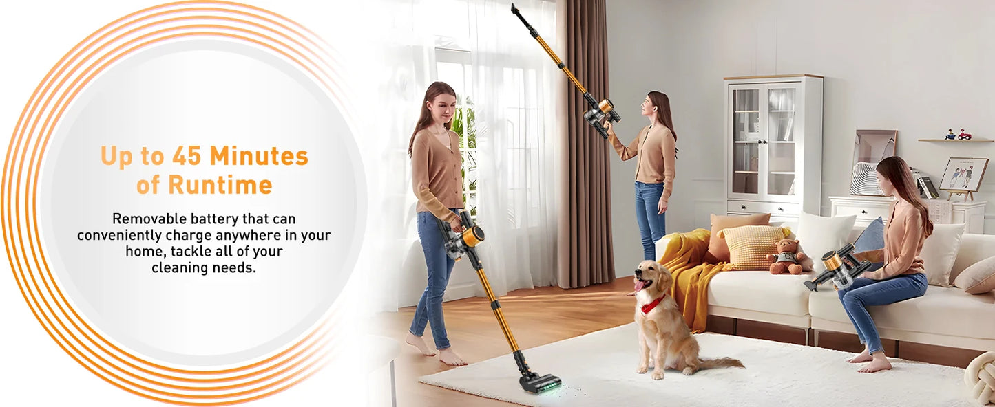 Cordless Vacuum Cleaner 8 in 1 Powerful Suction Lightweight,LED Display,45Mins Detachable Battery Vacuum for Floor/Carpet/Pet